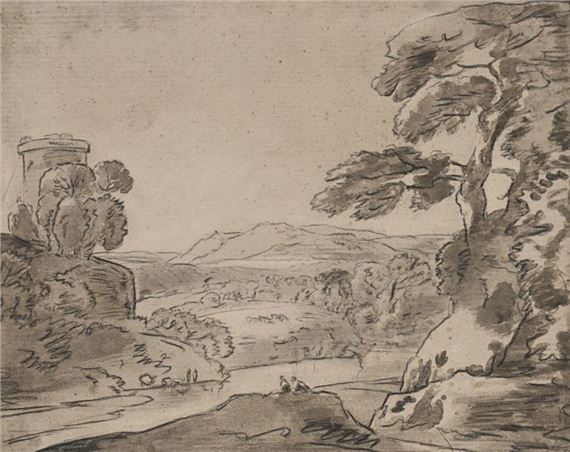 18th century GERMAN school, entourage of Franz KOEBBEL Landscape with walkers by the river Black stone, pen and black ink, gray wash by German School, 18th Century, 18th century
