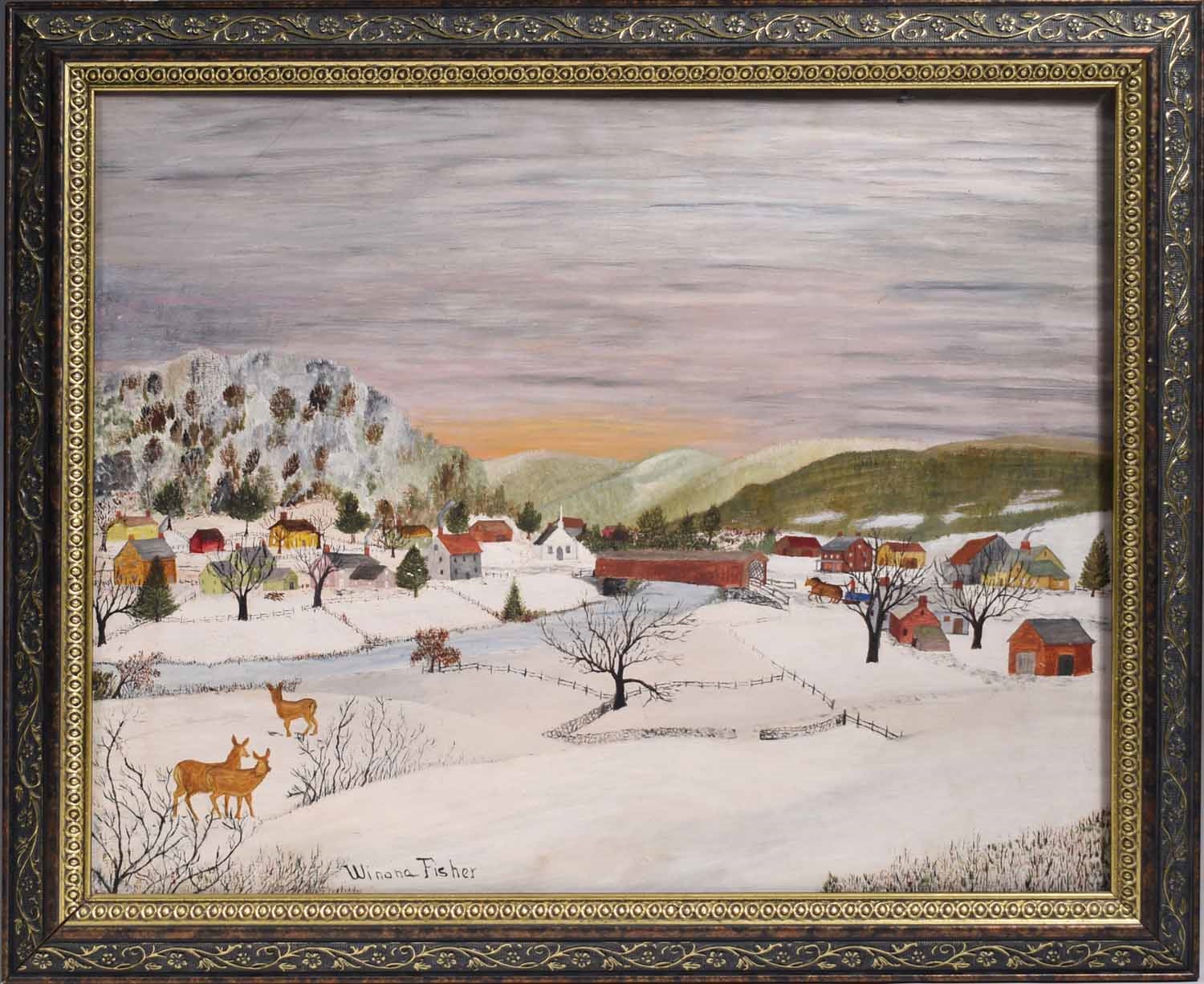 Artwork by Grandma Moses, WINONA MOSES FISHER, OIL ON MASONITE, VERMONT WINTER 1943, Made of OIL ON MASONITE