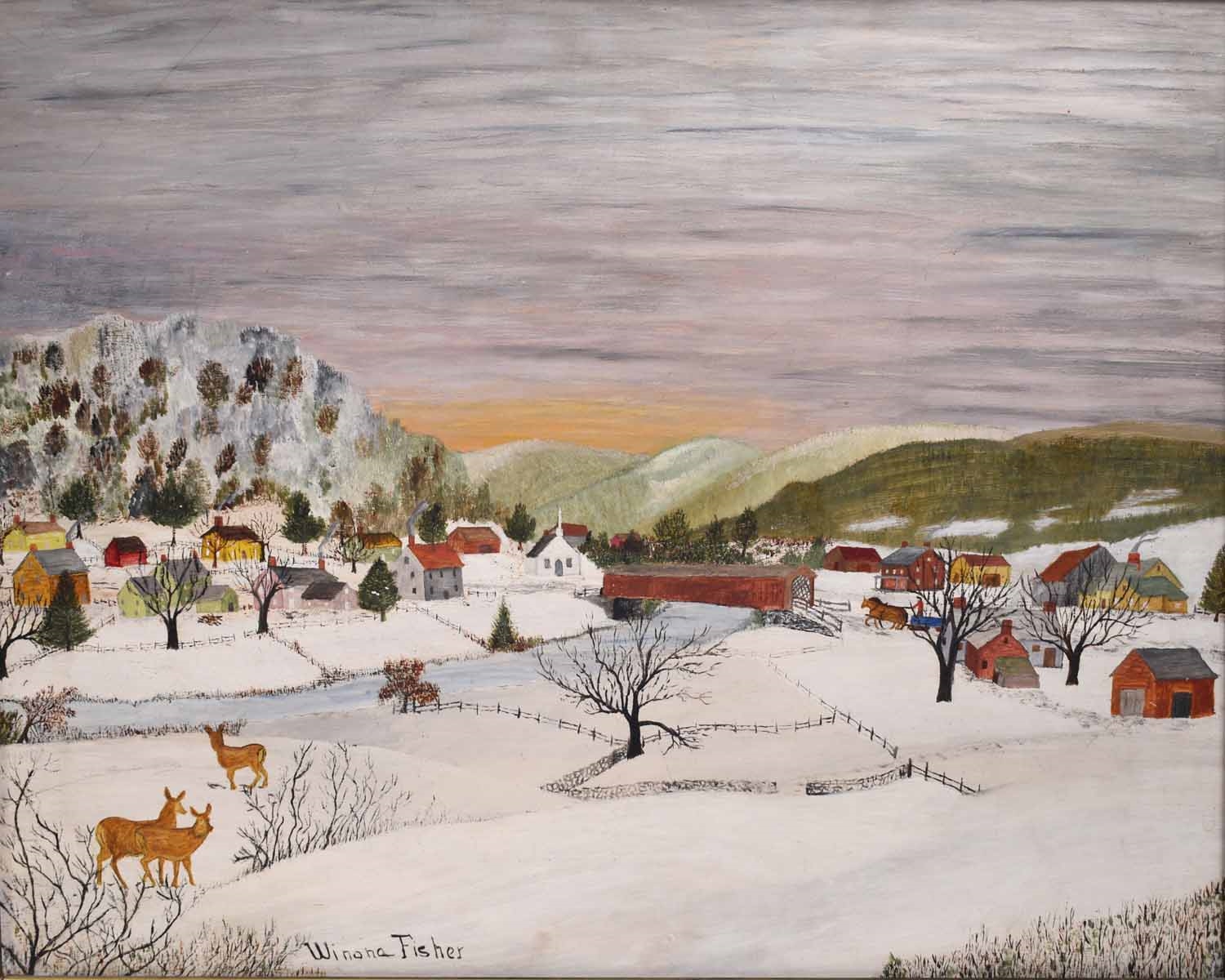 Artwork by Grandma Moses, WINONA MOSES FISHER, OIL ON MASONITE, VERMONT WINTER 1943, Made of OIL ON MASONITE
