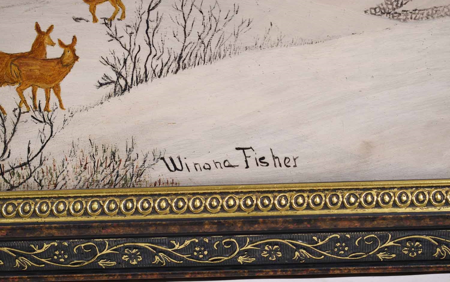 Artwork by Grandma Moses, WINONA MOSES FISHER, OIL ON MASONITE, VERMONT WINTER 1943, Made of OIL ON MASONITE