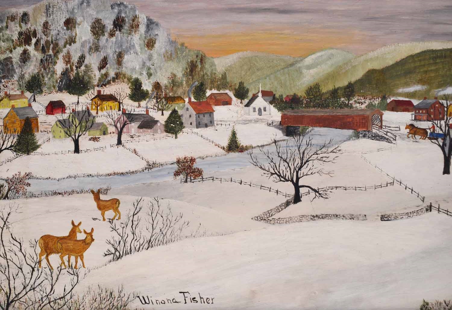 Artwork by Grandma Moses, WINONA MOSES FISHER, OIL ON MASONITE, VERMONT WINTER 1943, Made of OIL ON MASONITE