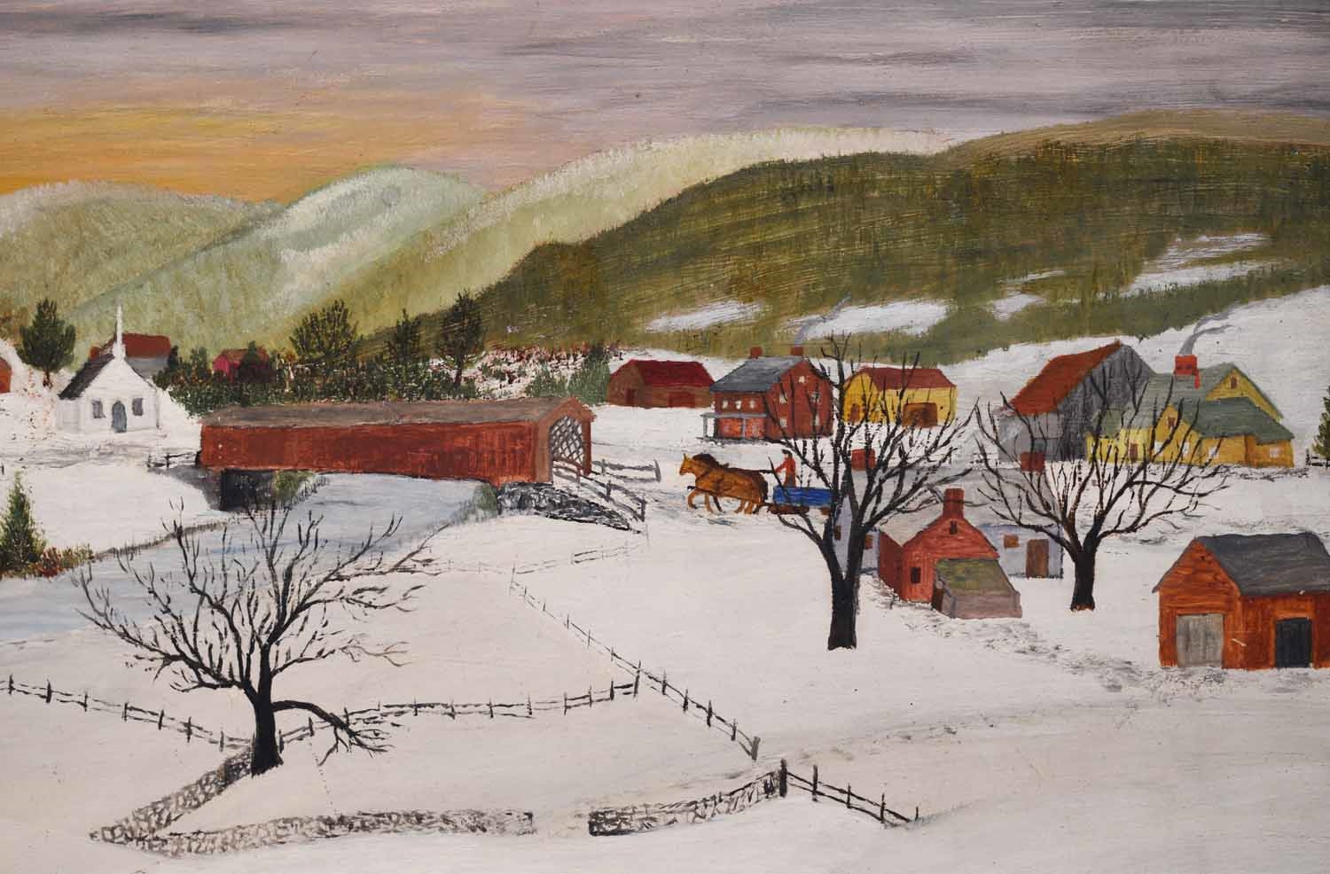 Artwork by Grandma Moses, WINONA MOSES FISHER, OIL ON MASONITE, VERMONT WINTER 1943, Made of OIL ON MASONITE
