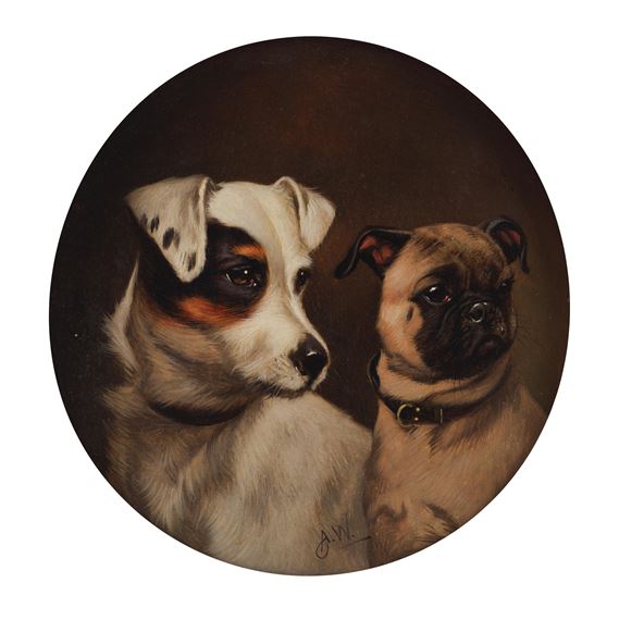 A group of three dog portraits including a Pug, Jack Russell and Terriers by Alfred Wheeler