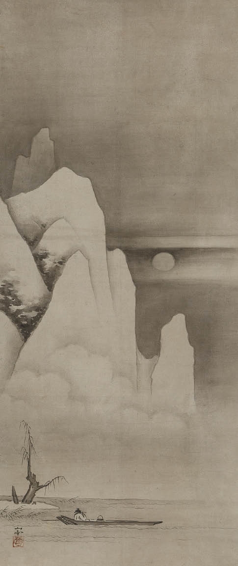 Artwork by Kano Sansetsu, A boat under the moon, Made of ink on paper