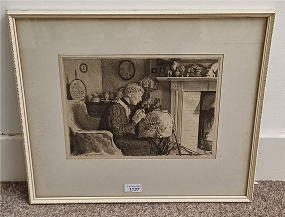 John b souter 'mother knitting by fire' signed in pencil framed etching 24 cm x 32 cm by John Bulloch Souter