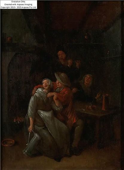 Interior scenes with figures drinking, embracing, and making music in a tavern;&#160; by Jan Jacobsz Molenaer, circa 1684/1690
