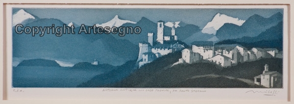 Artwork by Mario Micossi, Artegna Antiqua con case pretite, da Santo Stefano, Made of Aquatint on paper