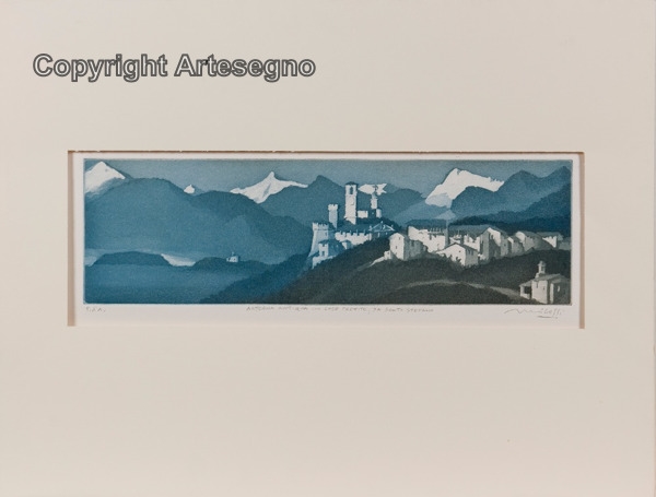 Artwork by Mario Micossi, Artegna Antiqua con case pretite, da Santo Stefano, Made of Aquatint on paper