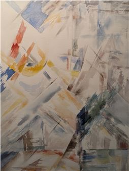 An abstract watercolor composition featuring layered diagonal strokes in muted earth tones and cool blues.