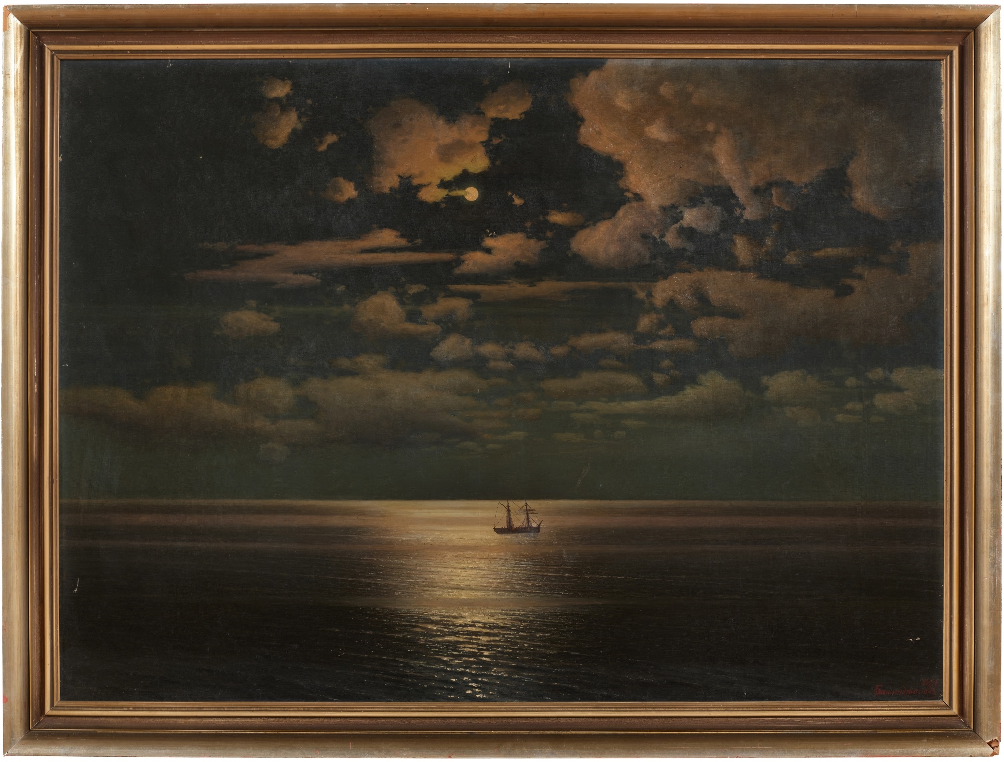Artwork by Georgii Zakharovitch Bashindzhagian, Moonlit Seascape with Ship, Made of oil on canvas Canvas