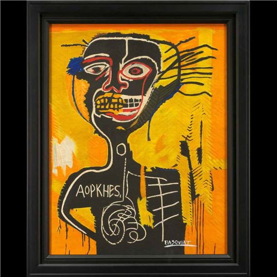 Basquiat oil painting Cabrza signed on both sides, numbered F6, framed by Jean-Michel Basquiat