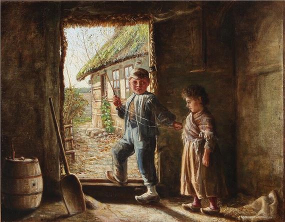 Interior with a boy and a girl in the doorway by Julie Hamann, dated 1878