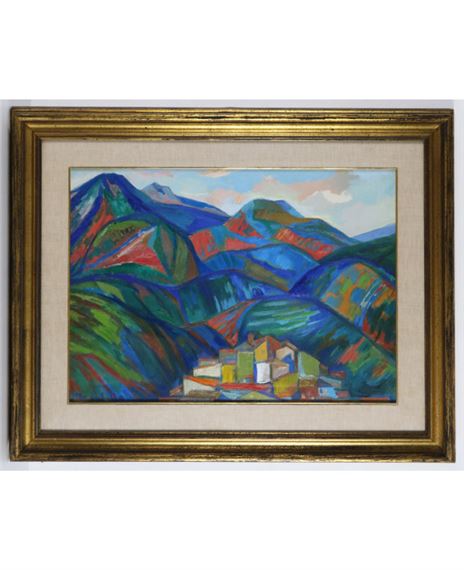 Paesaggio montano con piccolo villaggio, '63 by Saro Mirabella