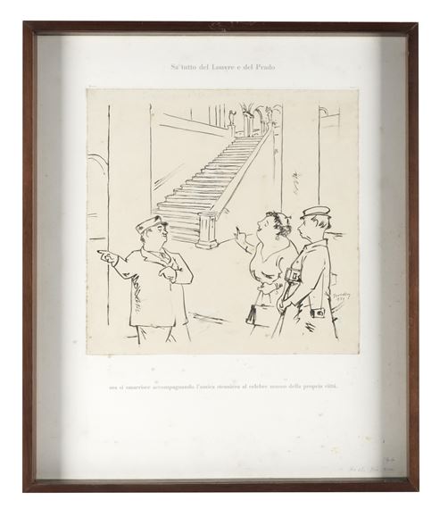 A framed black-and-white cartoon depicting three figures in military-style uniforms and civilian clothing looking up at a staircase.