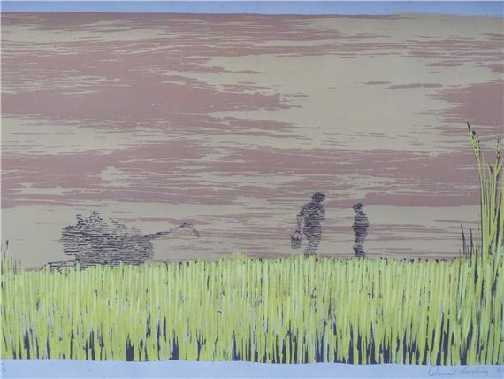 David Harding (20th century) Farmworkers with combine in distance. Ltd Ed. screen print. pencil - David Harding