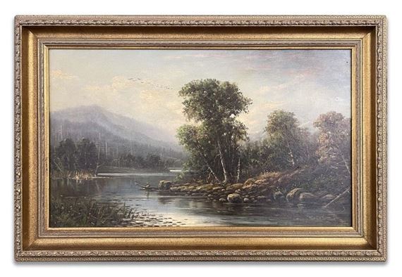 OIL / CANVAS "FISHING ON THE CREEK" WARREN STUART by Warren Stuart