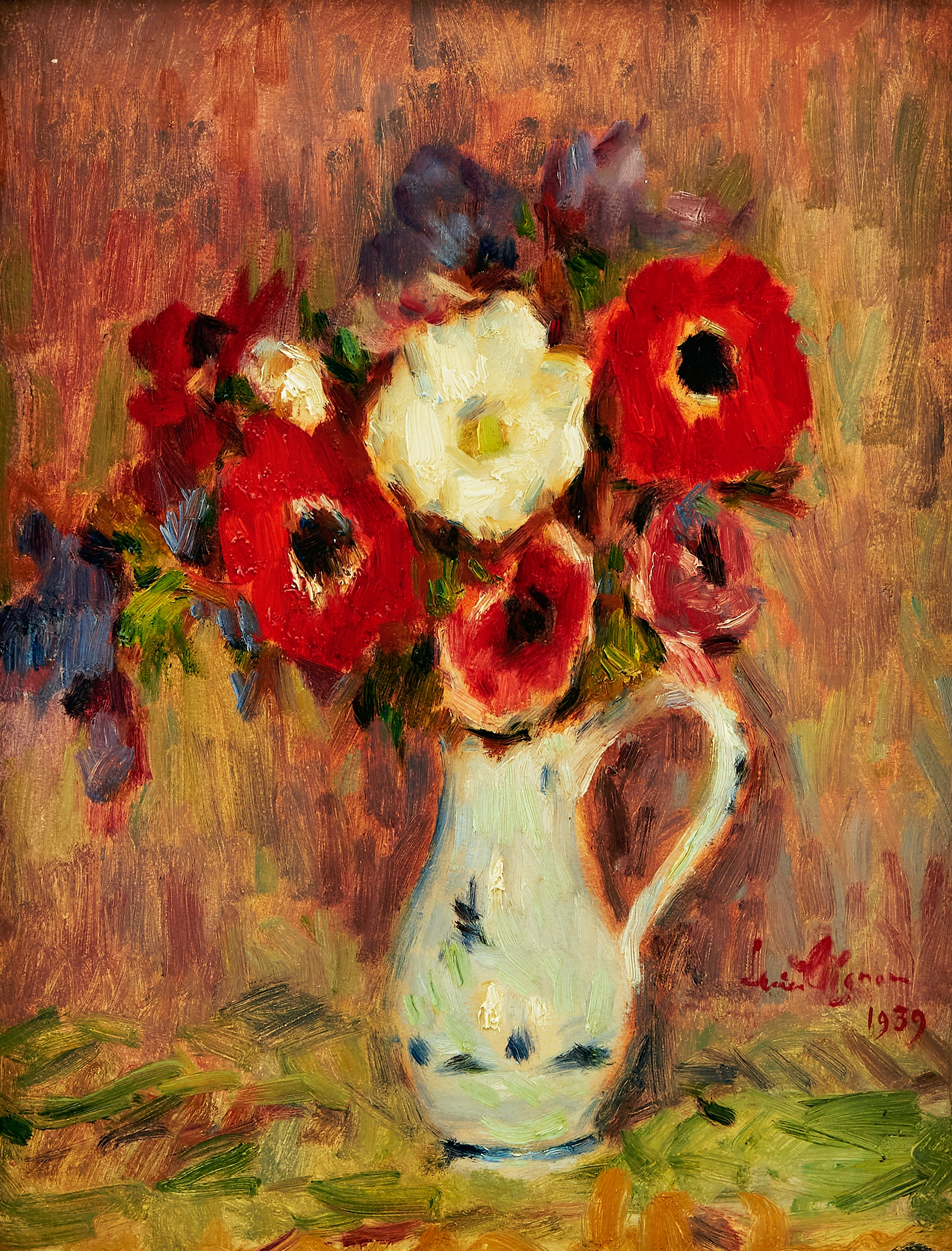 Artwork by Lucien Réne Mignon, Nature morte aux fleurs. Signed and dated Lucien Mignon 1939 lower right, Made of Oil on canvas