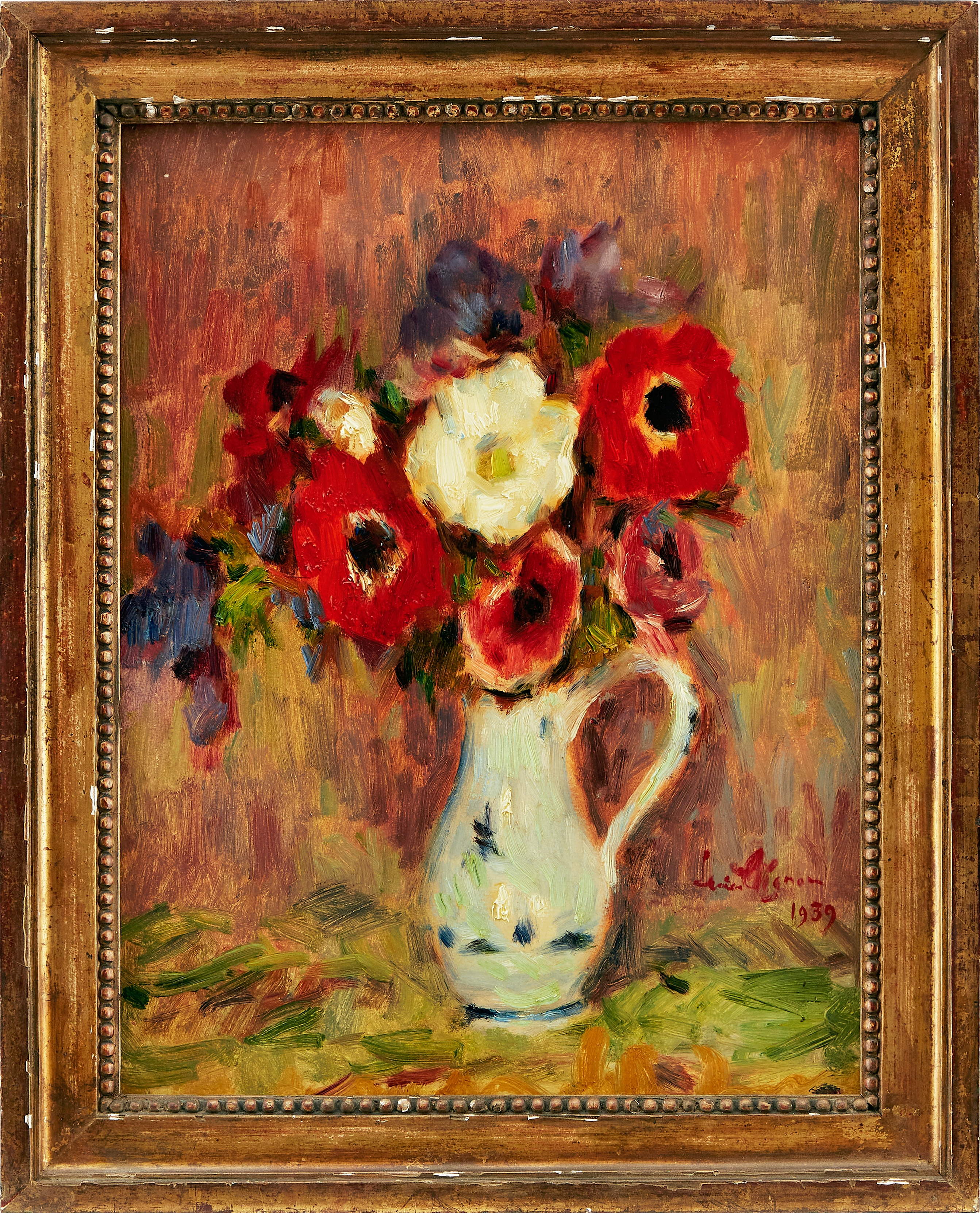 Artwork by Lucien Réne Mignon, Nature morte aux fleurs. Signed and dated Lucien Mignon 1939 lower right, Made of Oil on canvas