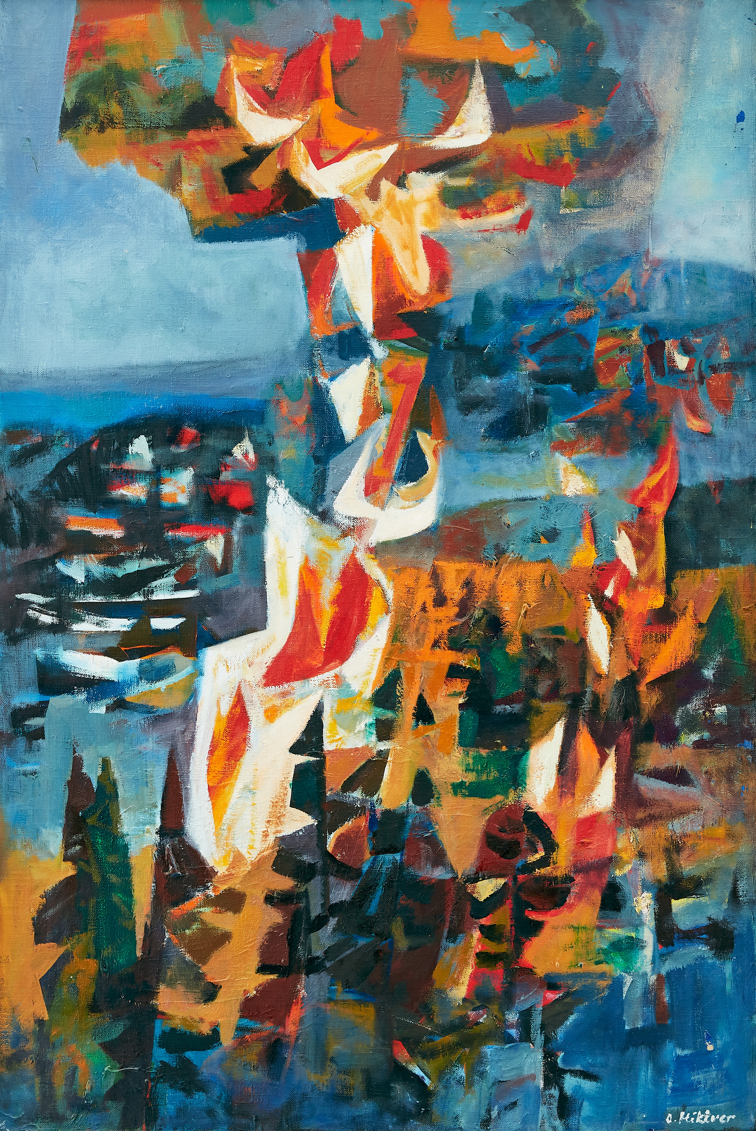 Artwork by Olev Mikiver, ”Märgutuled” - ”Vårdkasar” (Signal fires). Signed O, Made of Oil on canvas