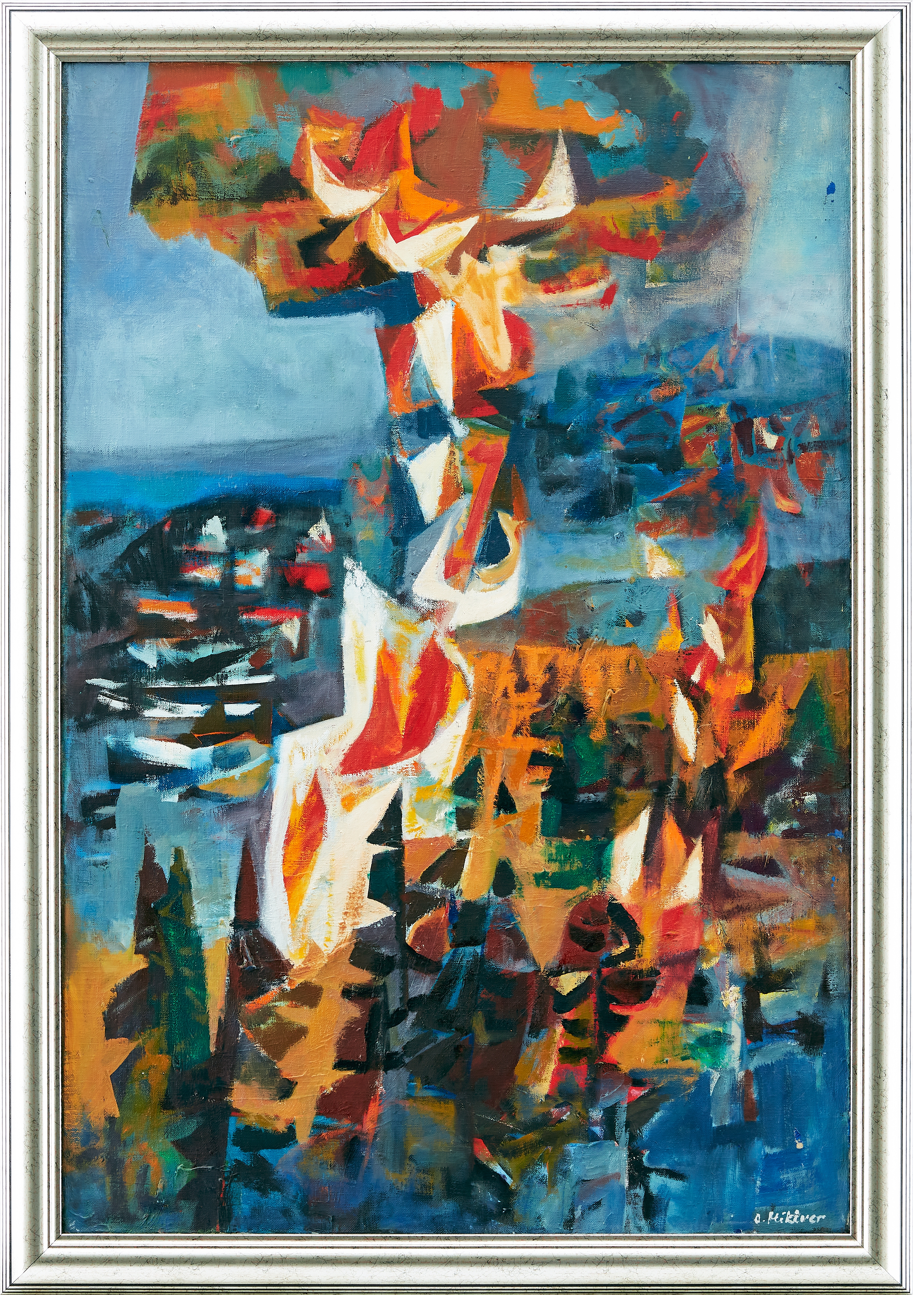 Artwork by Olev Mikiver, ”Märgutuled” - ”Vårdkasar” (Signal fires). Signed O, Made of Oil on canvas