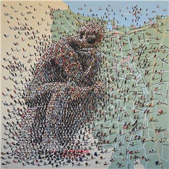 A dense crowd of tiny figures forms a large face against a map-like background.
