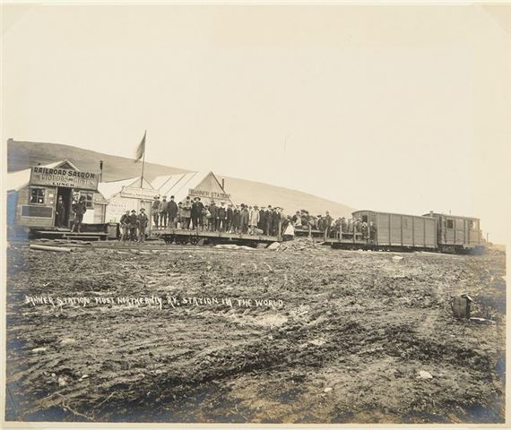 The articque train from Nome to Banner Anvilcreek Station - The northernmost station in the world; Passengers on an excursion train by Beverly Dobbs, circa 1904
