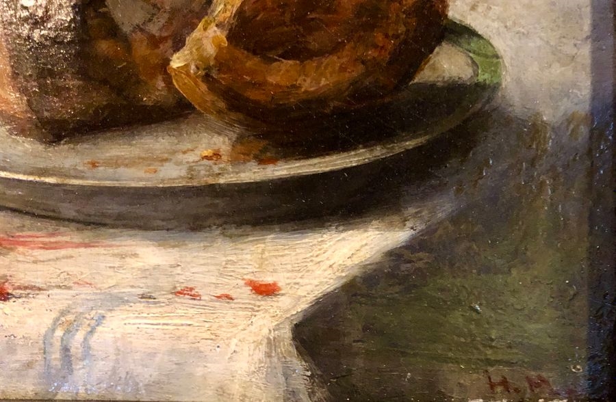 Artwork by Edouard Hippolyte Margottet, Still life on a white tablecloth  monogrammed lower right, Made of Oil on panel