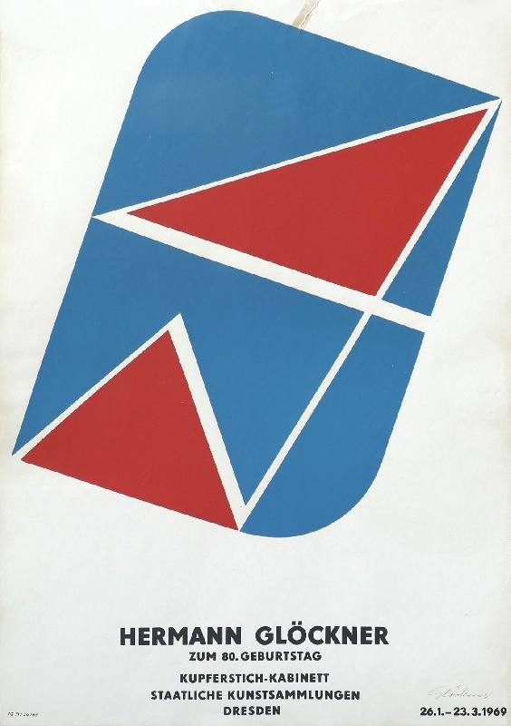 Artwork by Hermann Glöckner, Zeichen in Rot und Blau, Made of Farbserigraphie mit dem schräg gestellten Motiv der gleichnamigen Siebdruck