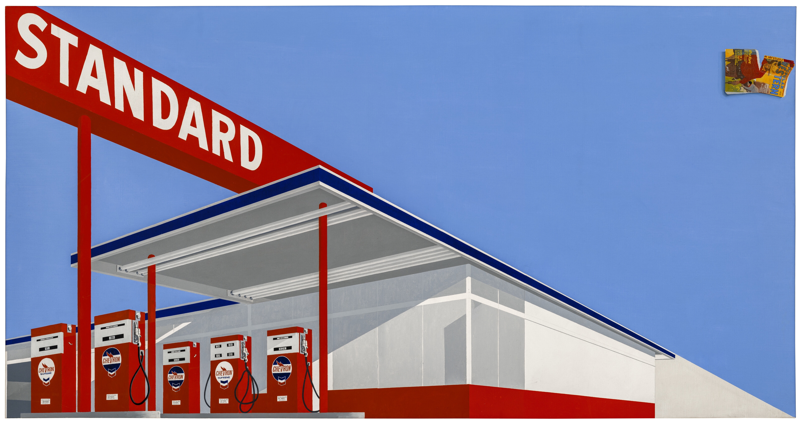 Artwork by Ed Ruscha, Standard Station, Ten-Cent Western Being Torn in Half, Made of oil on canvas