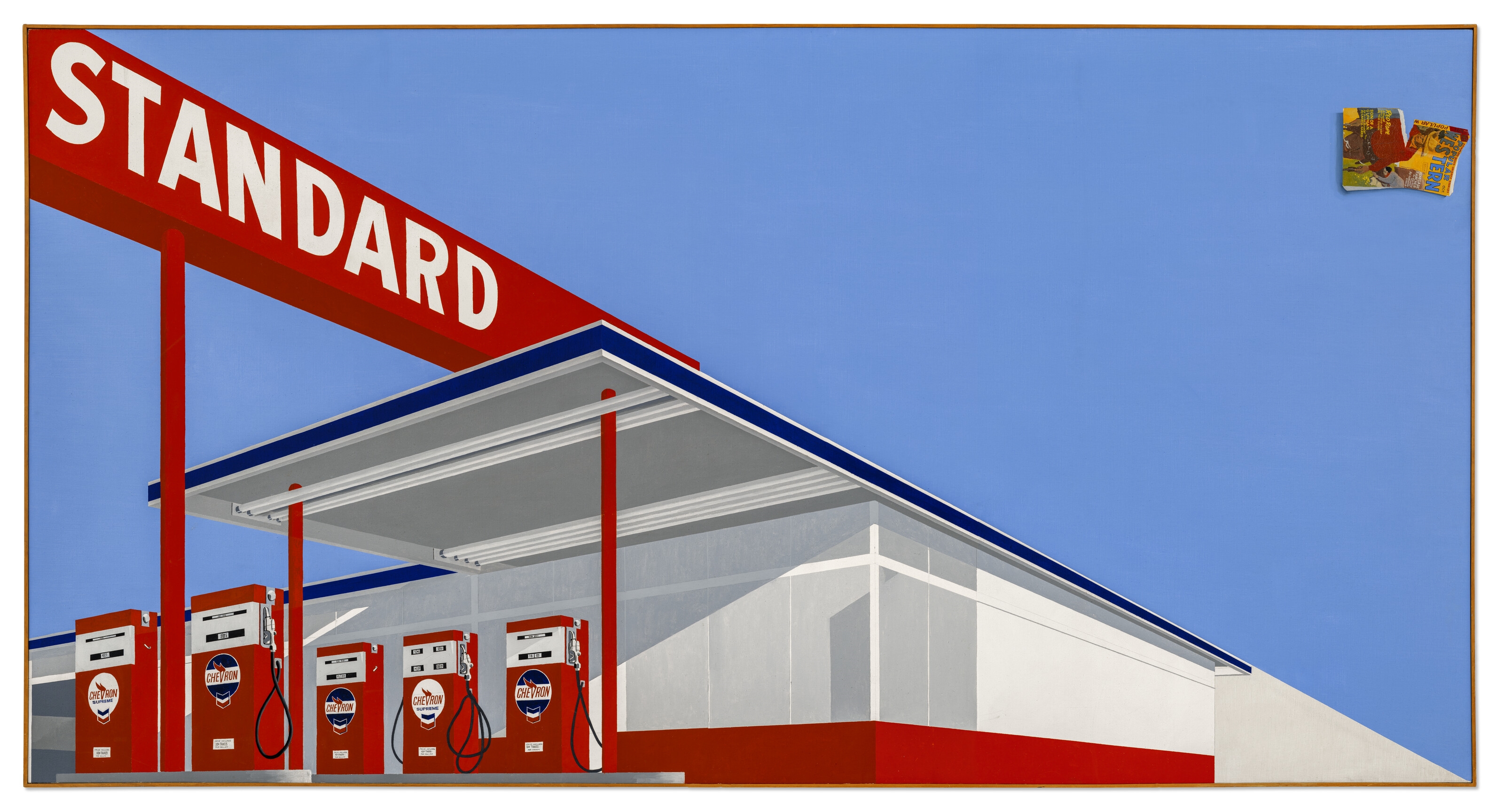 Artwork by Ed Ruscha, Standard Station, Ten-Cent Western Being Torn in Half, Made of oil on canvas