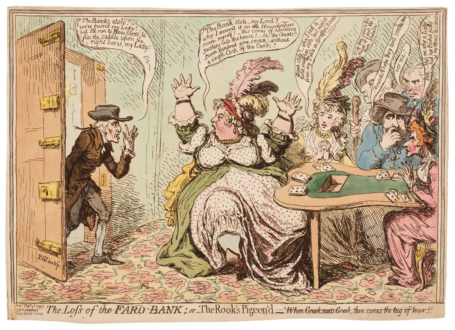 Artwork by James Gillray, The Loss of the Faro-Bank; or The Rook's Pigeon'd, Made of etching