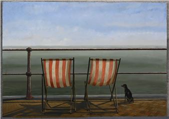 Strandstoelen”. Olieverf op paneel. Gesigneerd - Rudi de Vos