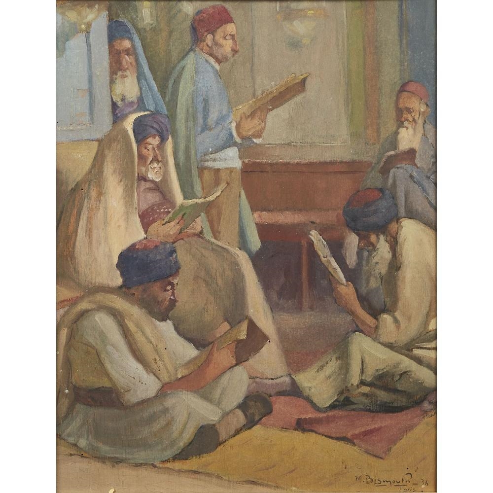 Artwork by Maurice Bismouth, SIX JEWISH MEN STUDYING, 1936, Made of oil on panel