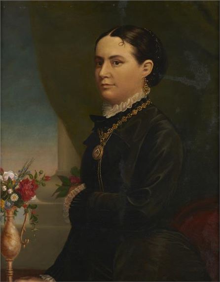 A half-length portrait of a woman wearing a black dress and gold locket, her hand towards a vase of flowers by Thomas Flintoff, dated December 1882