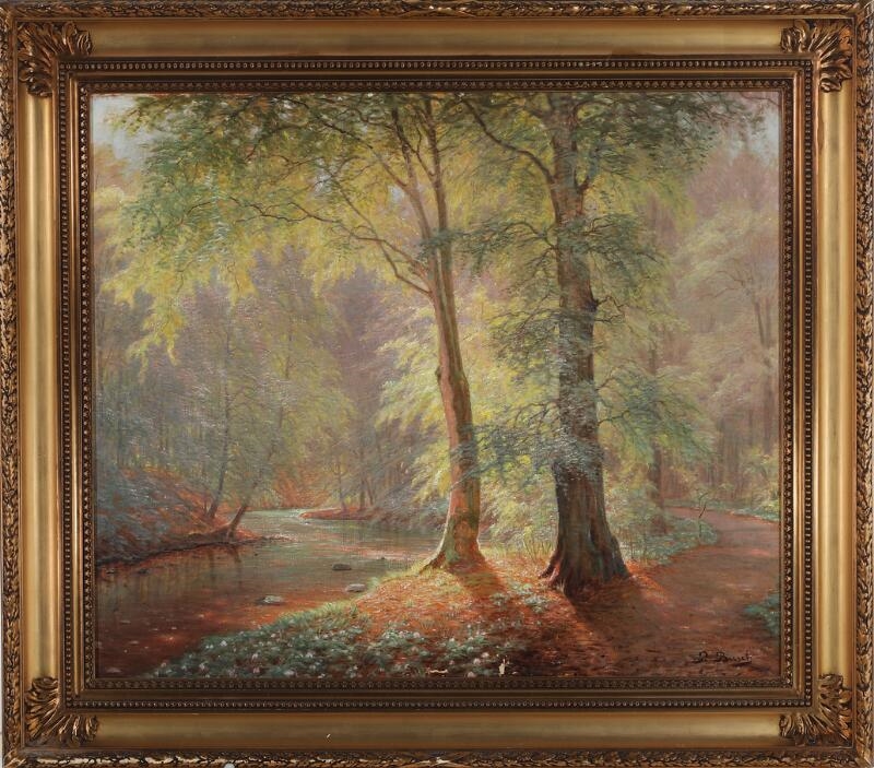 Artwork by Peter Busch, Sunlight in the tree tops on the bank of a stream, Made of Oil on canvas