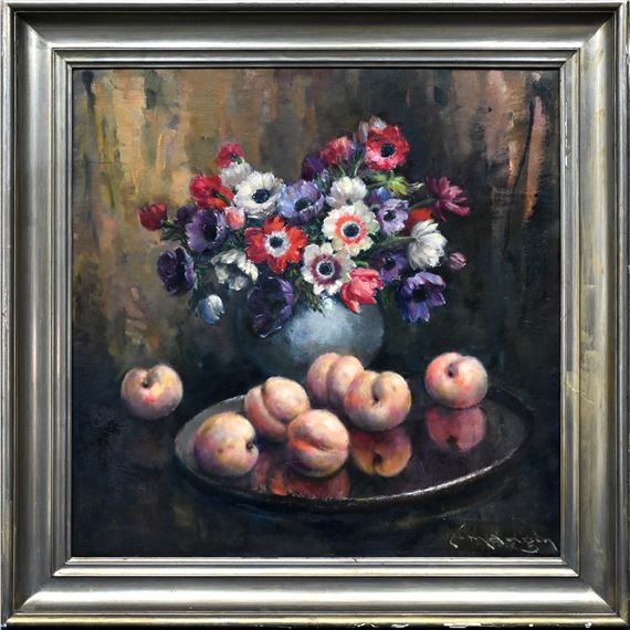 Stilleven met bloemen en perziken”. Olieverf op doek. Gesigneerd by Charles Mangin