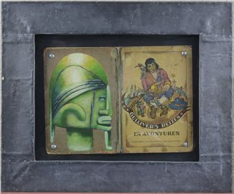 Gullivers reizen”. Een boek met een schilderswerkje in acrylverf op de achterflap. Gesigneerd en gedateerd op de verso 1995 - Jan Bollaert