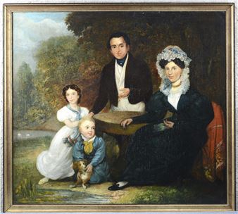 Familieportret in een park”. Olieverf op doek. Gesigneerd en gedateerd 1851 - Otto de Boer