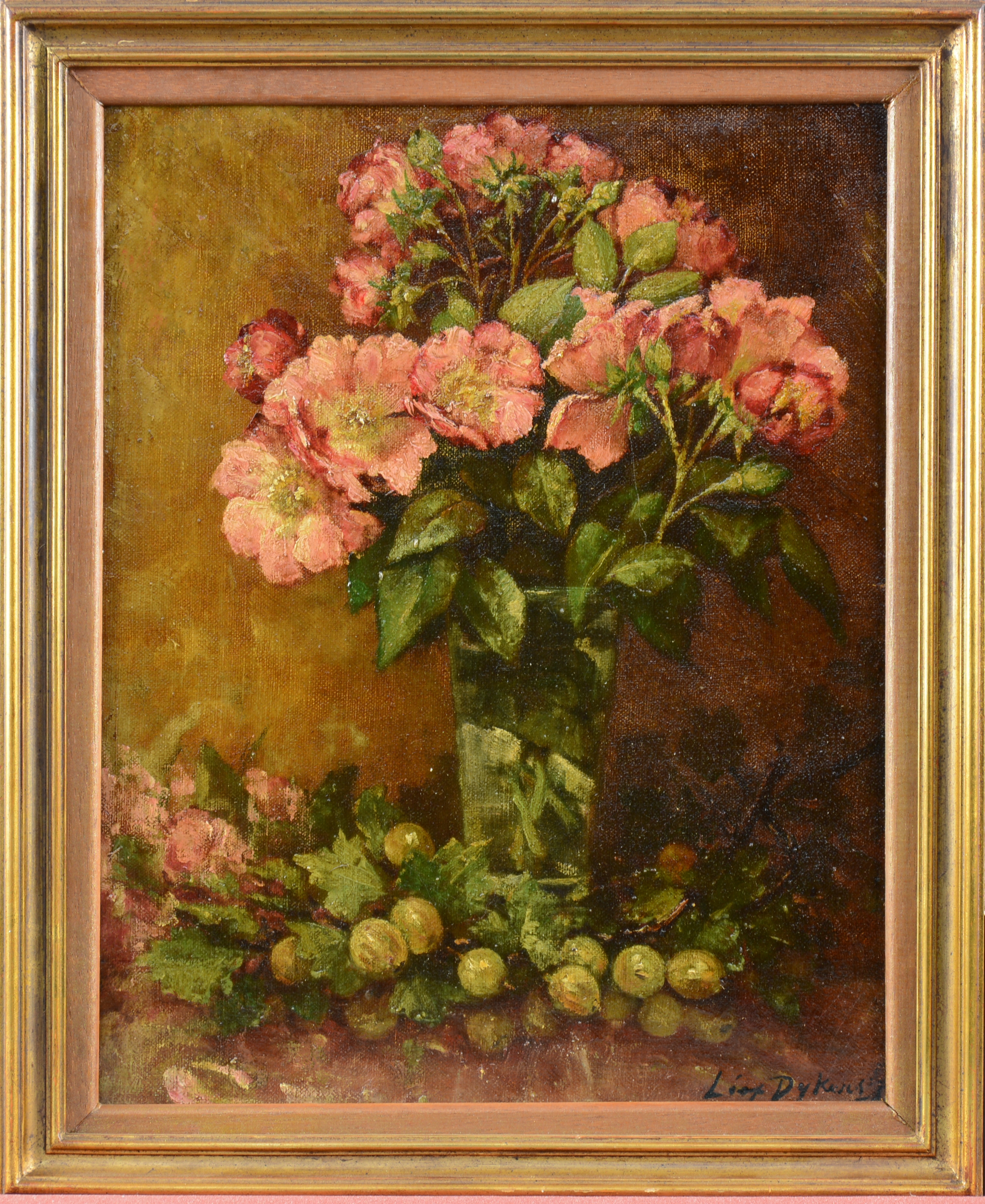 Artwork by Léopold Dykers, Stilleven met bloemen”. Olieverf op doek. Gesigneerd, Made of Huile sur toile