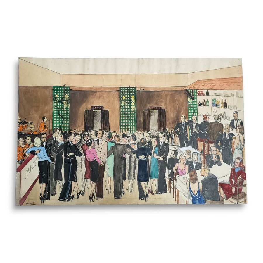 Artwork by Oswaldo Ferreira Mirand, FORTY (début XXème) Scène de cabaret Art Déco, Made of Watercolor and gouache