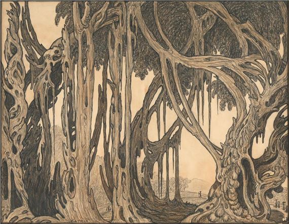 A dense forest scene rendered in monochromatic ink with intricate, organic textures.