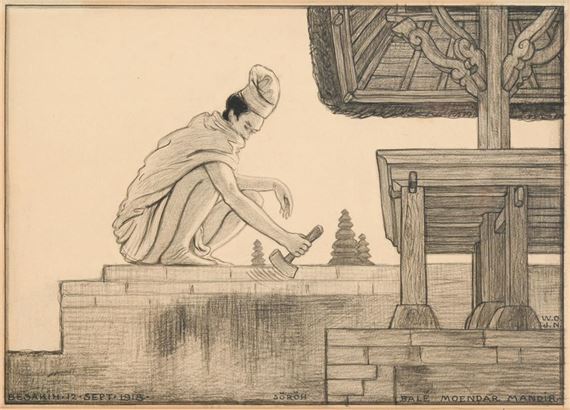 A monochromatic sketch of a seated figure working on a stone structure near a wooden pavilion.