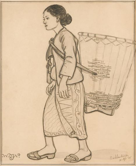 A monochromatic sketch of a figure carrying a large woven basket on their back.