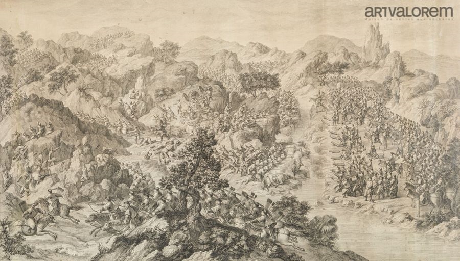 Artwork by Jean Damascène, Jacques ALLIAMET after Jean Damascène, " le Combat de Khurun - Lot 124, Made of engravings