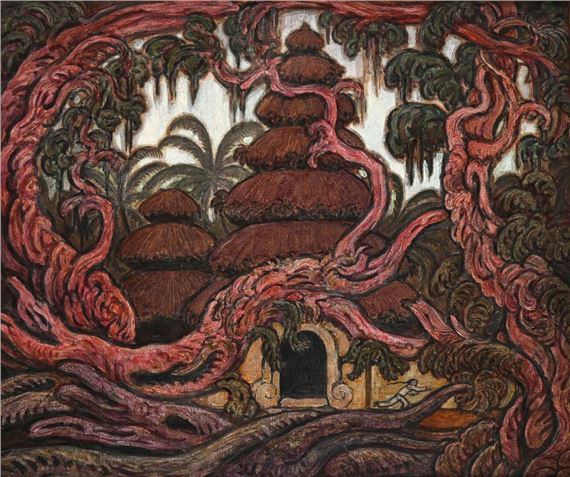 A surreal landscape where organic, vine-like forms wrap around a central tiered structure.