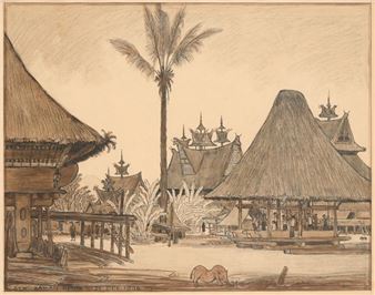 A sepia-toned sketch of a village with thatched-roof structures and a lone horse.