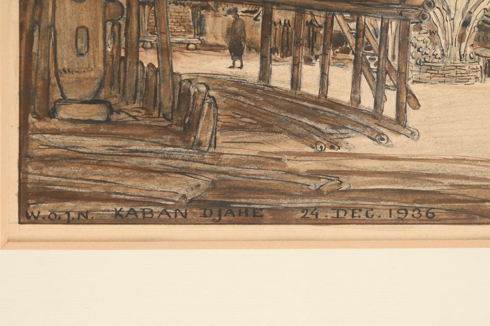 A sepia-toned sketch of a village with thatched-roof structures and a lone horse.
