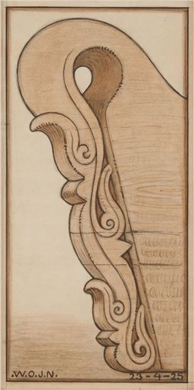 A detailed sketch of an ornate, curved architectural element with intricate scrollwork.