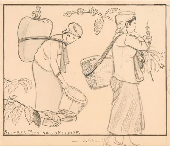 A sketch of two figures carrying baskets and plants in a natural setting.
