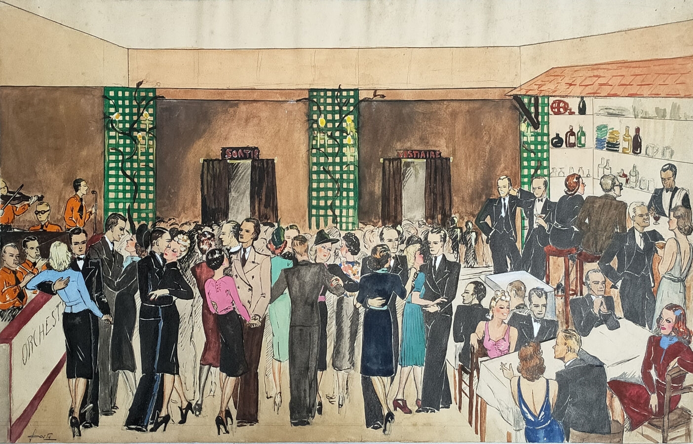 Artwork by Oswaldo Ferreira Mirand, FORTY (début XXème) Scène de cabaret Art Déco, Made of Watercolor and gouache